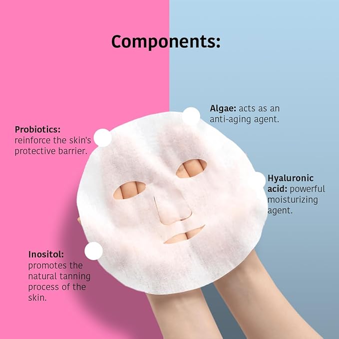 After Sun face Masks Prolongs Tan & Hydrates with Probiotics, Inositol (5 masks) + Aloe Vera Skin Care Masks with Hyaluronic Acid, Hydrating (5 masks) - Vegan, Korean Beauty (Total Bundle 10 pieces)