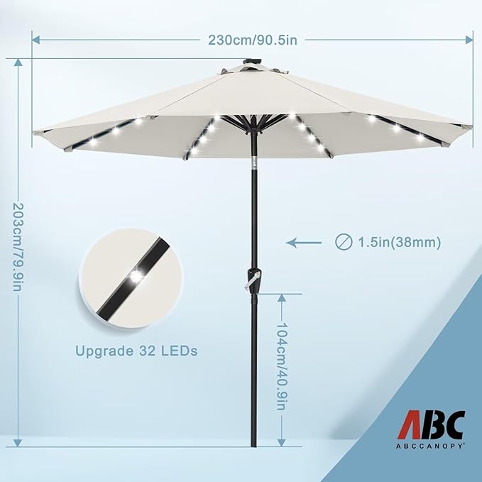 ABCCANOPY Durable Solar Led Patio Umbrellas with 32LED Lights 7.5FT (Light Beige)