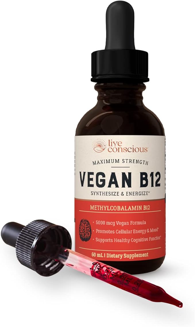 Live Conscious Vegan Vitamin B12 Sublingual Liquid Drops Methylcobalamin Max Strength B12 5000mcg Formula - Vegan B 12 Vitamin Support Energy, Promote Memory & Aid Immune System (2 Pack)
