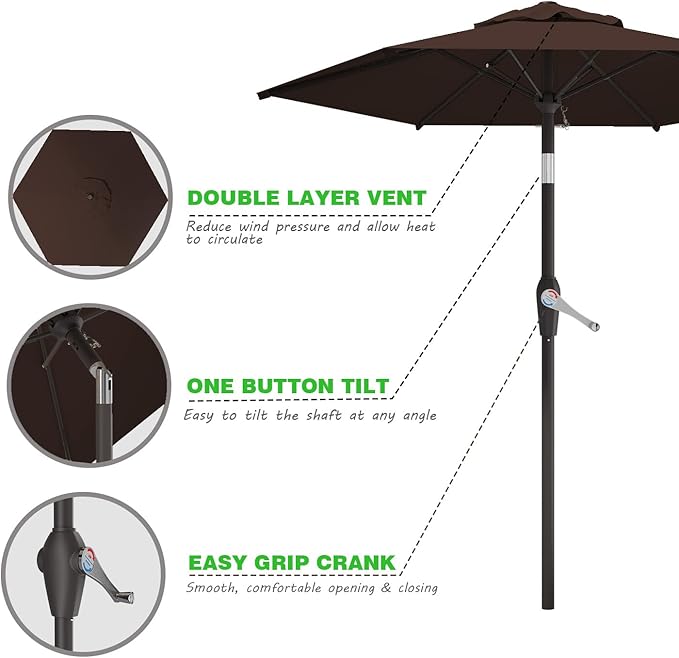 7.5FT Patio Umbrella Table Market Umbrella w/Tilt and Crank Heavy-Duty Round Outdoor Umbrellas for Garden, Deck, Backyard, Pool and Beach, Brown