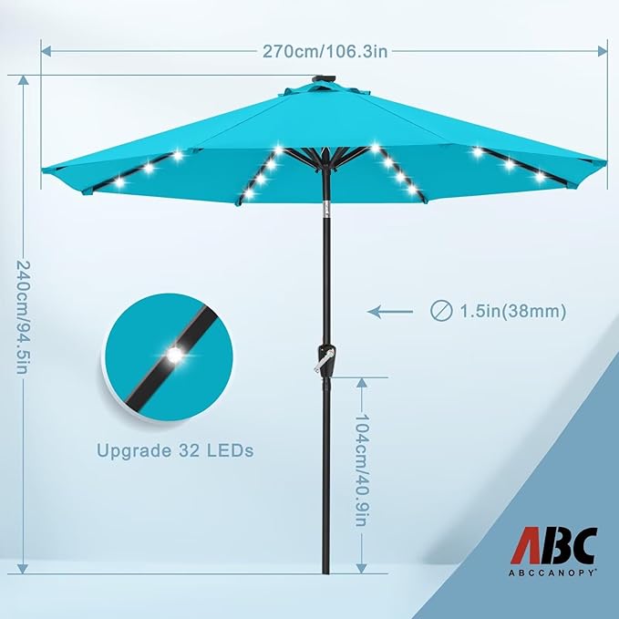 ABCCANOPY Durable Solar Led Patio Umbrellas with 32LED Lights 9FT (Turquoise)