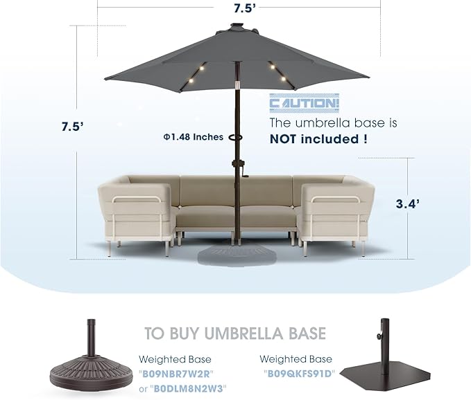 wikiwiki 7.5ft Solar Led Patio Umbrella, Sturdy Outdoor Market Umbrella for Deck, Pool, Garden w/Tilt, Crank, 18 LED Lights, Dark Gray