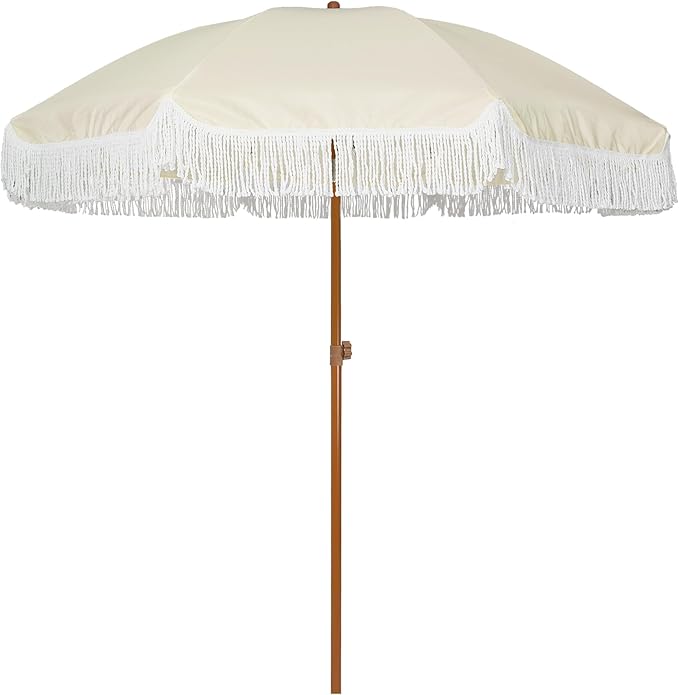AMMSUN 7ft Patio Umbrella with Fringe Outdoor Tassel Umbrella UPF50+ Premium Steel Pole and Ribs Push Button Tilt, Light Beige