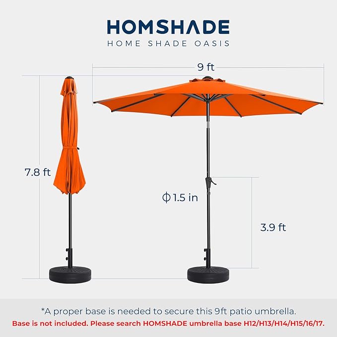 9ft Outdoor Patio Umbrella - Market Table Pool Deck Umbrella UPF50+ UV Protection with Push Button Tilt, Crank and 8 Sturdy Ribs (Neon Orange, No base)