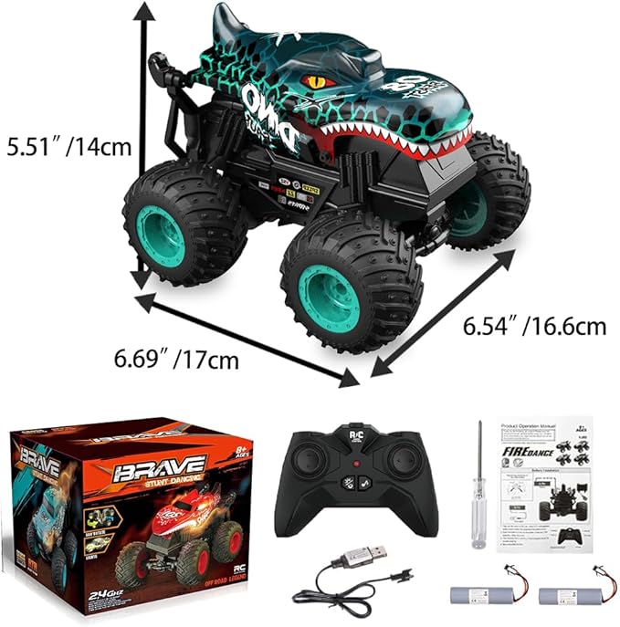1:20 RC Car for kids, 2.4GHz Remotes, Cyan Dinosaur Monster Truck Toys, All Terrain stunt Remote Control Car with Music, Light, 2 Rechargeable Batteries, Gifts Presents for Boys/Girls Ages 3+