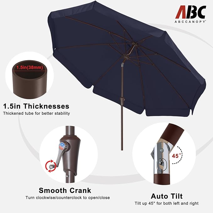 ABCCANOPY Patio Umbrella 9ft, Outdoor Table Umbrella with Push Button Tilt and Crank, 8 Ribs Umbrella for Patio Pool Garden Deck (Navy Blue)