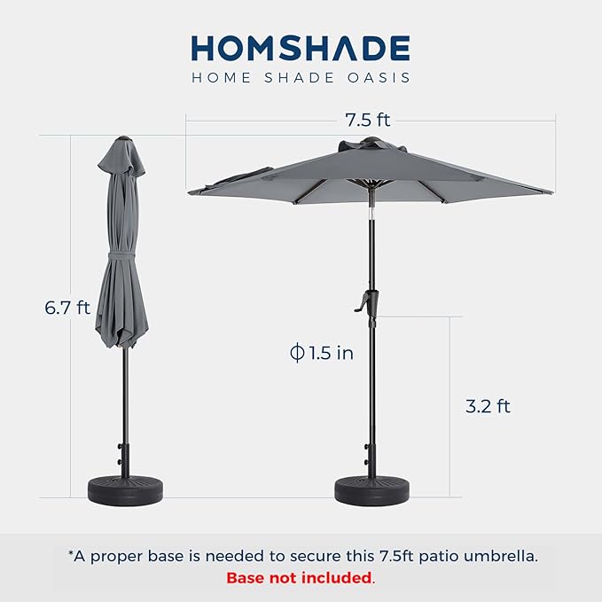 7.5ft Outdoor Patio Umbrella - Market Table Pool Deck Umbrella UPF50+ UV Protection with Push Button Tilt, Crank and 6 Sturdy Ribs (Grey, No Base)