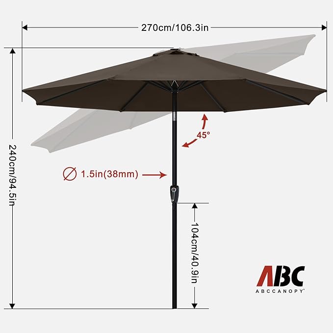ABCCANOPY 9FT Outdoor Patio Umbrella, 8 Ribs Table Umbrella w/Crank for Easy Set Up, Suitable for Garden, Lawn, Deck & Backyard (Brown)
