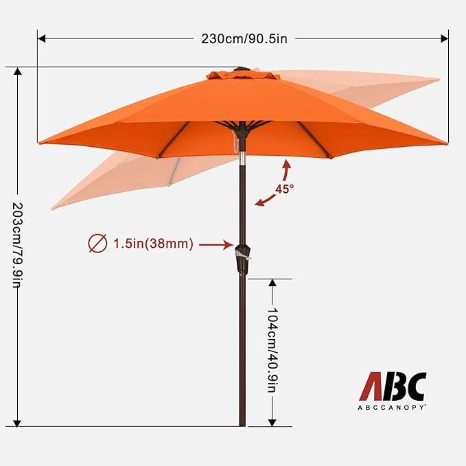 ABCCANOPY 7.5FT OutdoorPatio Umbrella, UV Protection Table Umbrella w/Crank for Easy Set Up, Suitable for Garden, Lawn, Deck & Backyard (Orange)