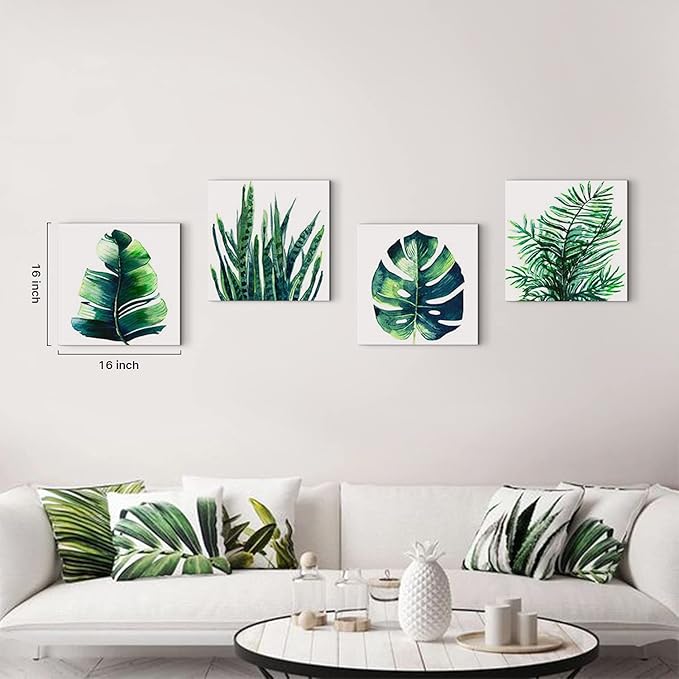YOOOAHU Green Leaf Wall Art Room Decor Bathroom Bedroom Home Decoration Watercolor Painting Pictures Framed Canvas Prints Boho Tropical Plant Leaves Monstera Botanical White Set of 4 Pcs 24 × 24 Inch