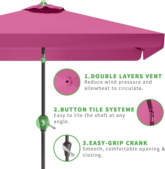 6.5 * 10FT Rectangular Patio Umbrella Table Market Umbrella w/Tilt and Crank Outdoor Umbrellas for Garden, Deck, Backyard, Pool and Beach, Rose Pink