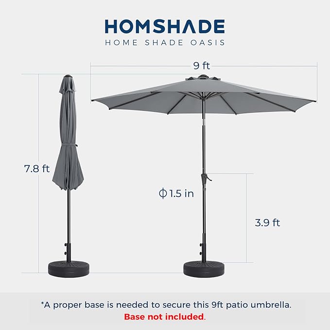 9ft Outdoor Patio Umbrella - UPF50+ UV Protection Market Patio Table Umbrella with Push Button Tilt, Crank and 8 Sturdy Ribs for Pool Deck and Garden (Grey, No base)