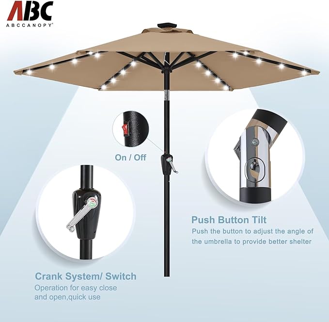 ABCCANOPY Durable Solar Led Patio Umbrellas with 24LED Lights 7.5FT with 6 Sturdy Ribs (Tan)