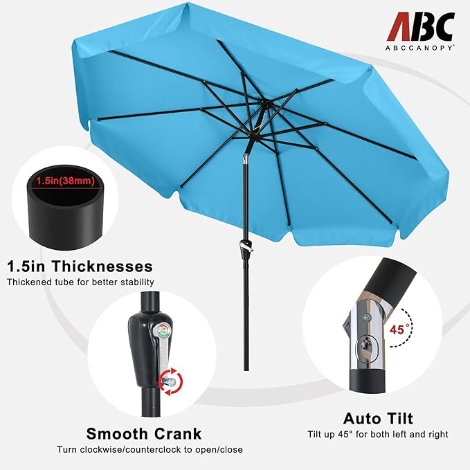 ABCCANOPY Patio Umbrella 10ft - Outdoor Table Umbrella with Push Button Tilt and Crank, 8 Ribs Umbrella for Patio Pool Garden Deck (Turquoise)