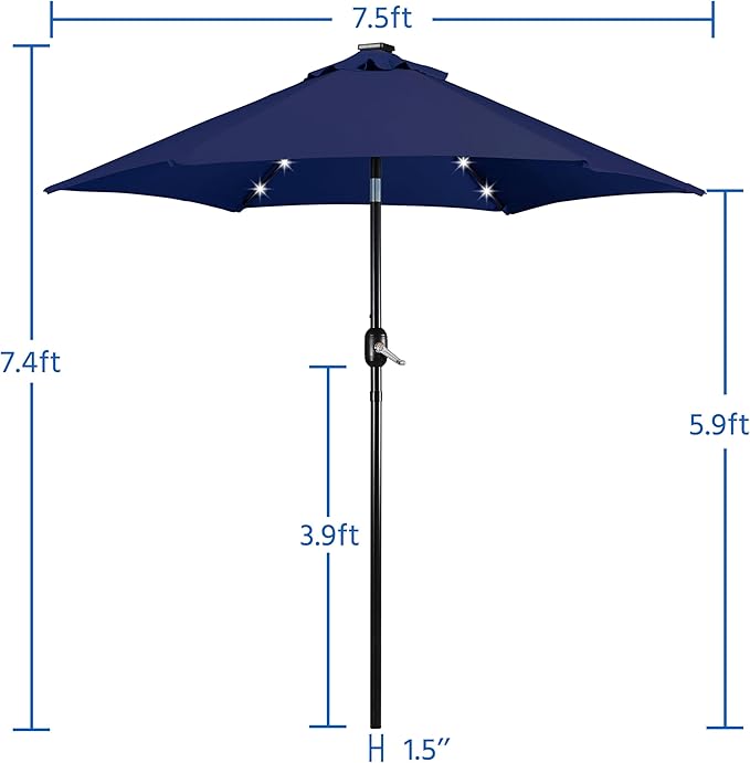 Yaheetech 7.5FT Solar Powered Patio Umbrella - UV Protection Market Table Umbrella w/18 LED Lights & Push Button Tilt & Crank Lift System for Garden/Lawn/Deck/Backyard/Pool, Navy Blue