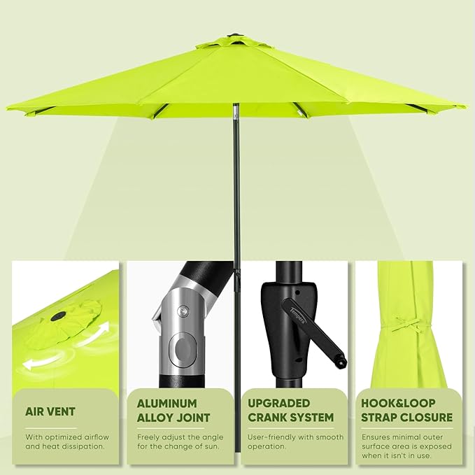 Tempera Patio Market Outdoor Table Umbrella with Push Button Tilt and Crank,Large Sun Umbrella with Sturdy Pole&Fade resistant canopy,Easy to set