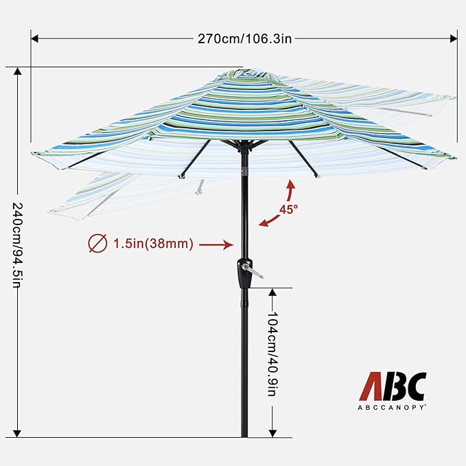 ABCCANOPY 9FT Patio Umbrella - Outdoor Waterproof Table Umbrella with Push Button Tilt and Crank, 8 Ribs UV Protection Pool Umbrella for Garden, Lawn, Deck & Backyard (Blue Green Stripes)