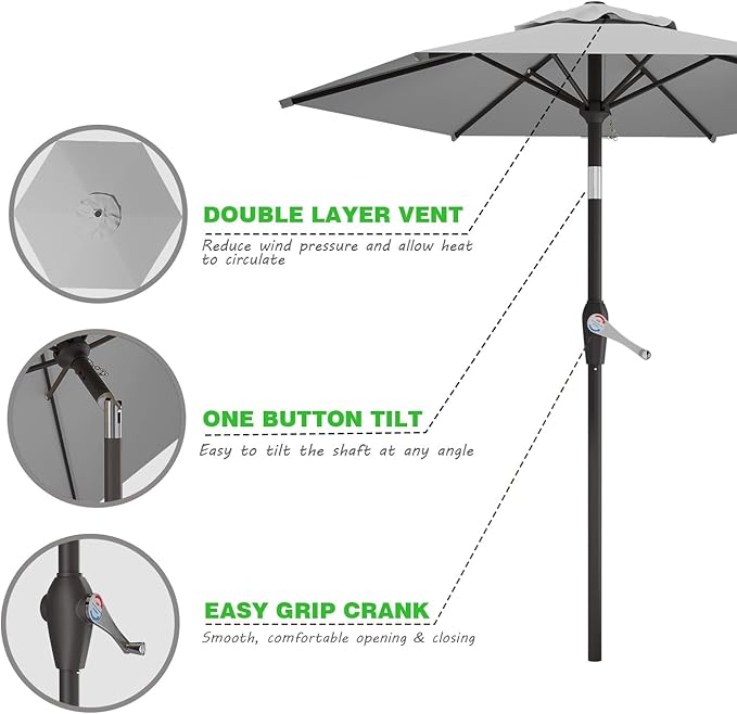 7.5FT Patio Umbrella Table Market Umbrella w/Tilt and Crank Heavy-Duty Round Outdoor Umbrellas for Garden, Deck, Backyard, Pool and Beach, Light Gray