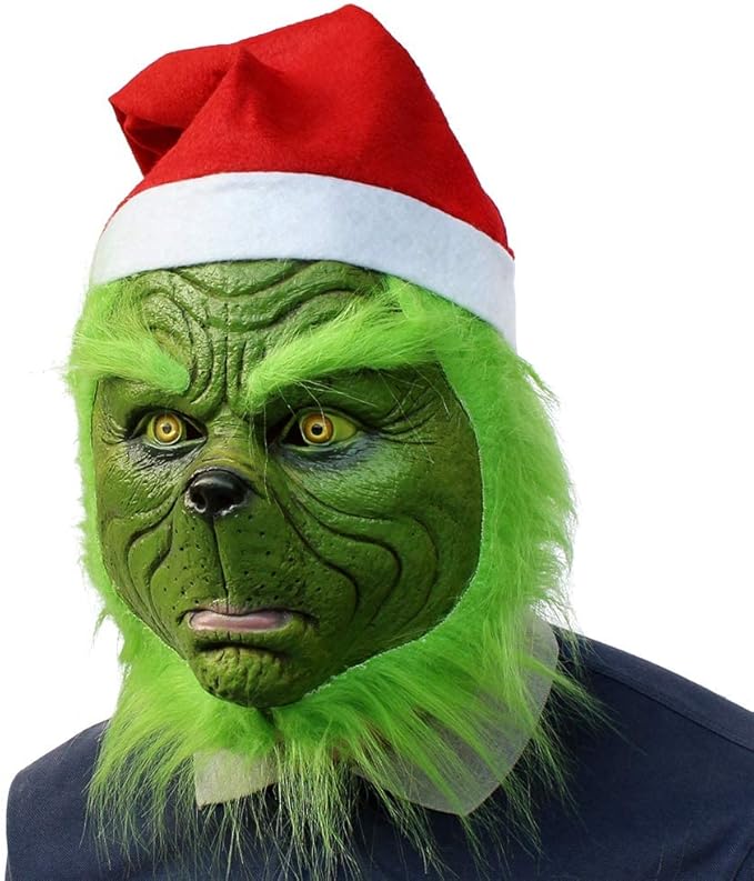 CAFELE Christmas Mask with Red Hat Green Monster Halloween Christmas Party Cosplay Costume for Men Women