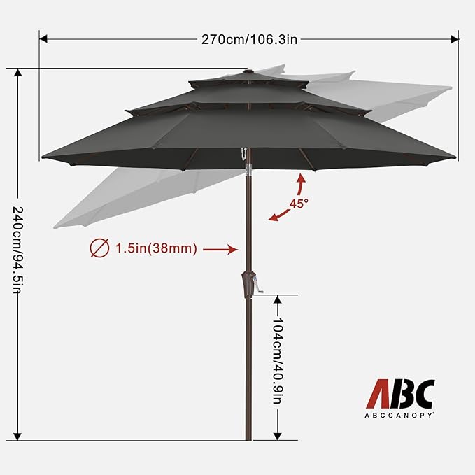 ABCCANOPY Patio Umbrellas 3 Tiers 9FT (Dark Gray)