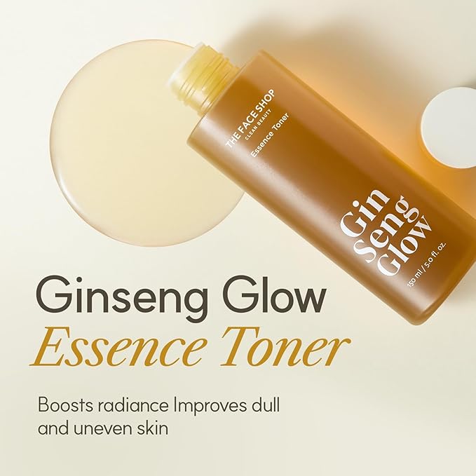 The Face Shop Ginseng Glow Essence Toner - Improves Skin Elasticity, Glowy Finish, for Dull & Dry Skin, with Korean Ginseng, Anti Aging, Korean Skincare, 100ml / 3.3 fl. oz.
