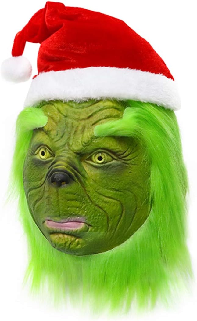 CAFELE Christmas Mask with Red Hat Green Monster Halloween Christmas Party Cosplay Costume for Men Women