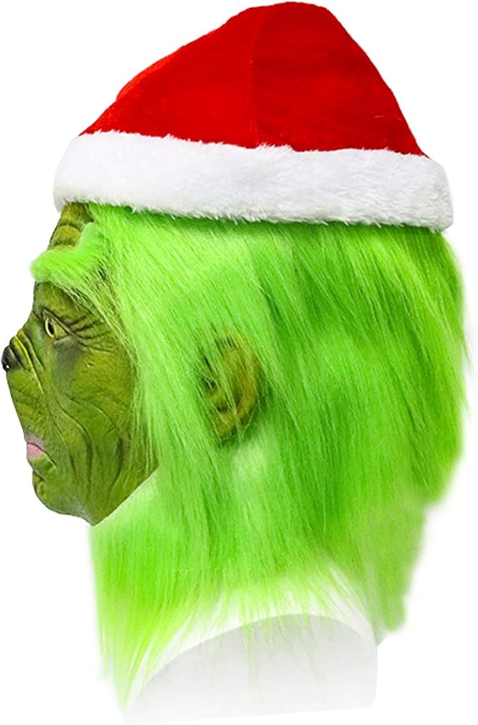 CAFELE Christmas Mask with Red Hat Green Monster Halloween Christmas Party Cosplay Costume for Men Women