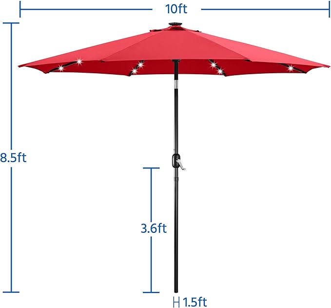 Yaheetech 10FT Solar Powered Patio Umbrella - UV Protection Market Table Umbrella w/ 32 LED Lights & Push Button Tilt & Crank Lift System for Garden/Lawn/Deck/Backyard/Pool,Red
