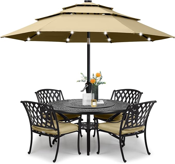 ABCCANOPY Solar Led Patio Umbrellas 3-Tiers 9FT (Khaki)