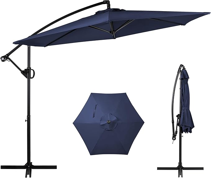 Shintenchi Patio Offset Umbrella with Easy Tilt Adjustment, Crank and Cross Base, Outdoor Cantilever Hanging Umbrella, Sunshade Canopy, Navy Blue