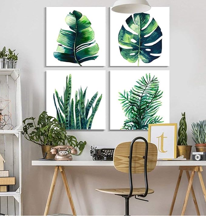 Tropical Plant Wall Art Boho Bathroom Decor Green Monstera Canvas Prints Bedroom Painting Botanical Posters for Kitchen Living Room Home Decorations Leaf Pictures Minimalist Artwork 16×16" 4Pcs/Set