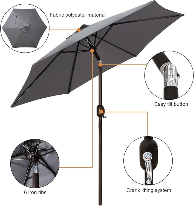 Blissun 7.5 ft Patio Umbrella, Yard Umbrella, Outdoor Market Umbrella with Push Button Tilt Crank, Dark Grey