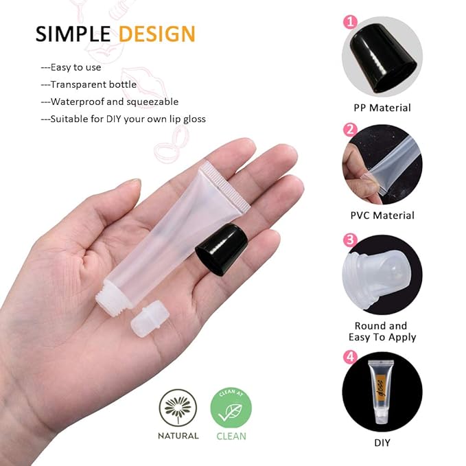 AMORIX 50PCS 10ml Black Lip Gloss Tubes Empty Clear Lip Balm Containers Refillable Soft Cosmetic Squeeze Tubes for Lip Gloss Base Glitter Pigment Powder 2 Syringes + Tag Labels Stickers