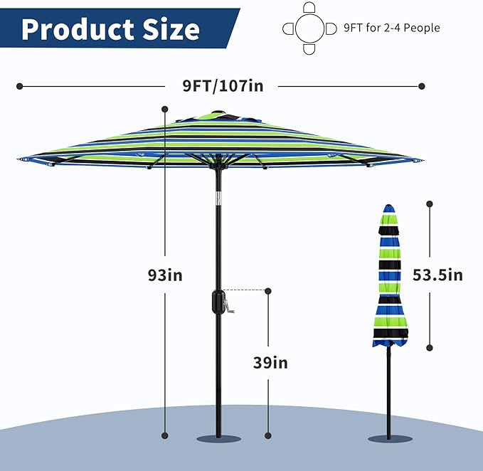 9Ft Patio Umbrella - 8 Sturdy Ribs Outdoor Table Umbrella with Crank Lift & Push Button Tilt - Market Umbrella for Pool, Deck, Yard, Garden - Tricolor Stripe