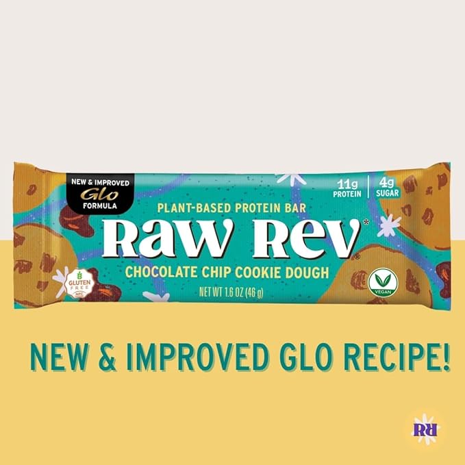 Raw Rev Vegan Protein Bars- Chocolate Chip Cookie Dough, 12 bars, Non-GMO, Plastic-Neutral, Nothing Artificial, Glo Formula, Gluten-Free, Keto-Friendly, Paleo, Kosher, No Sugar Alcohols, No Stevia.