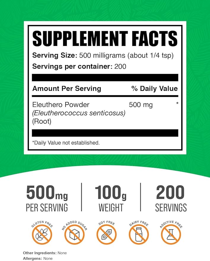 BulkSupplements.com Eleuthero Powder - Siberian Ginseng Powder, Eleutherococcus senticosus, Ginseng Herbal Supplements, Gluten Free, 500mg of per Serving, 100g (3.5 oz) (Pack of 1)