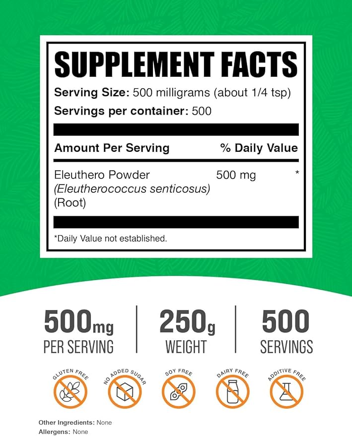 BulkSupplements.com Eleuthero Powder - Siberian Ginseng Powder, Eleutherococcus senticosus, Ginseng Herbal Supplements, Gluten Free, 500mg of per Serving, 250g (8.8 oz) (Pack of 1)
