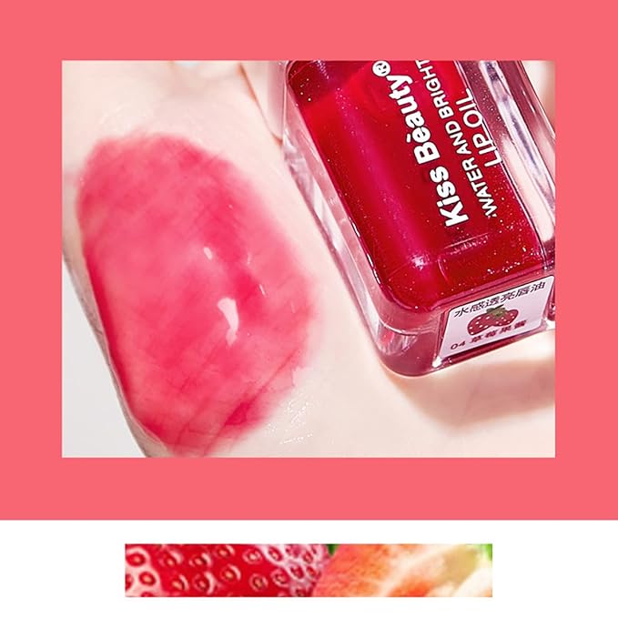 Fruit Pearlescent Plumping Lip Oil, Pearl & Shimmer Mini Lip Gloss Kit, Lip Care Hydrating Lip Gloss Tinted Lip Balm, Long Lasting & Nourishing Lip Glow Oil, Non-sticky Fresh Texture (Strawberry)