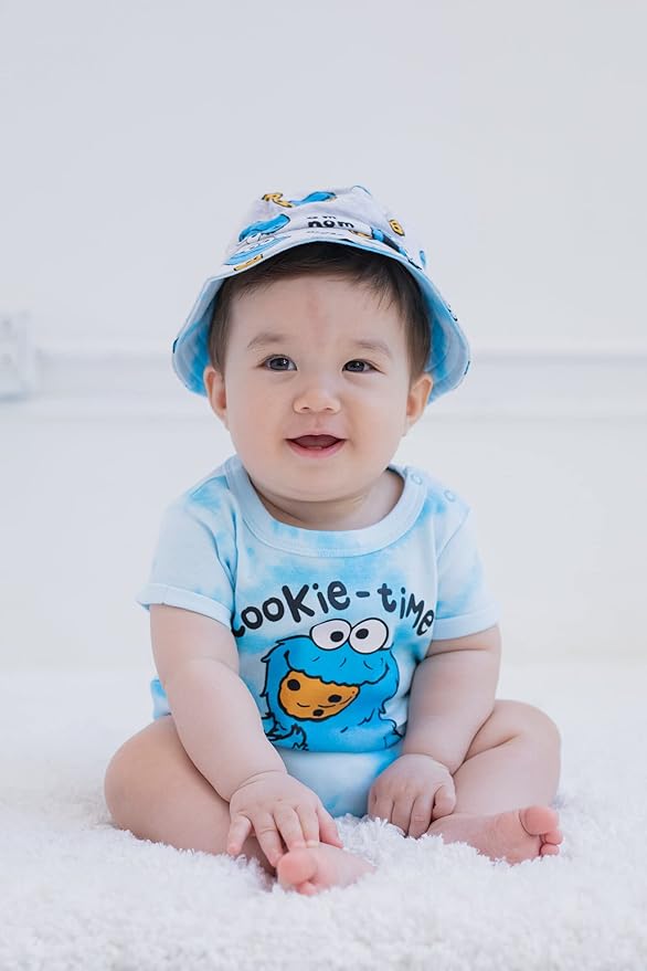 Sesame Street Elmo Cookie Monster Big Bird Romper and Bucket Sun Hat Newborn to Toddler