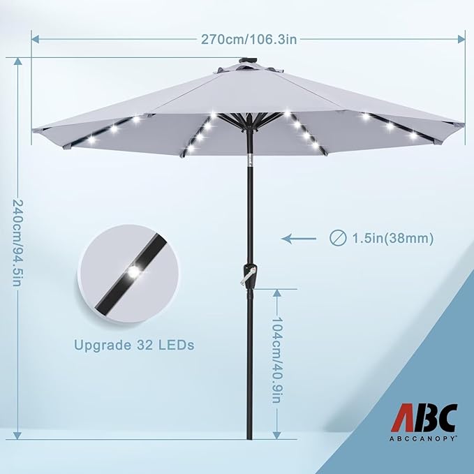 ABCCANOPY Durable Solar Led Patio Umbrellas with 32LED Lights 9FT (Light Gray)
