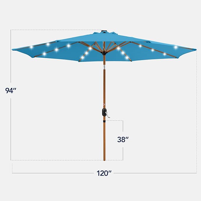 Best Choice Products 10ft Solar Market Patio Umbrella w/Woodgrain Pattern Pole, LED Lights, Tilt & Crank – Outdoor Sun Shade for Backyard Table, Deck, Poolside – Sky Blue
