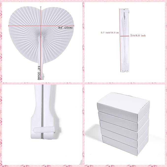 150 Packs Decorative Paper Folding Hand Fans Handheld,White Heart Wedding Foldable Fans Chinese and Japanese Fans Bulk for Bridal Guest Church Party Favors Dancing Birthday DIY
