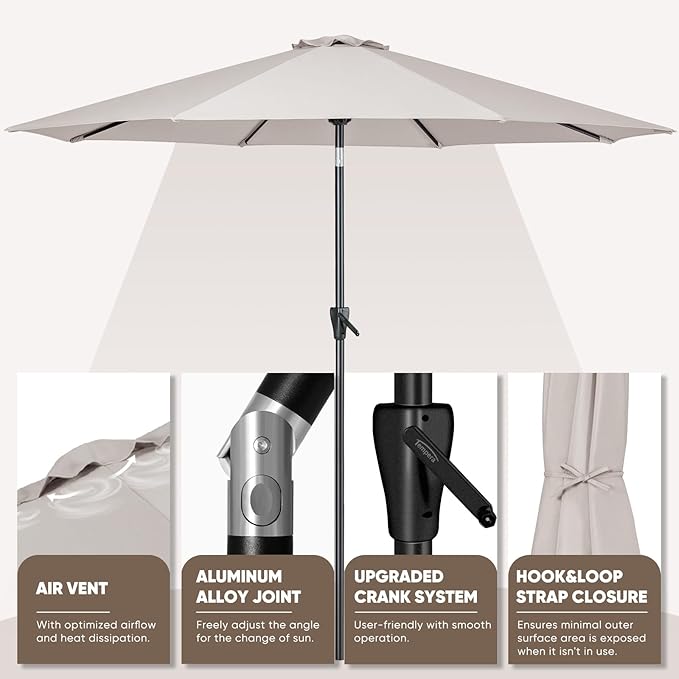 Tempera Patio Market Outdoor Table Umbrella with Push Button Tilt and Crank,Large Sun Umbrella with Sturdy Pole&Fade resistant canopy,Easy to set
