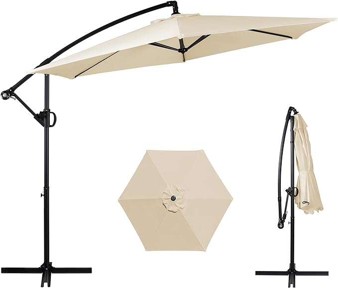 Shintenchi Patio Offset Umbrella with Easy Tilt Adjustment,Crank and Cross Base, Outdoor Cantilever Hanging Umbrella, Sunshade Umbrella Canopy, Cream White