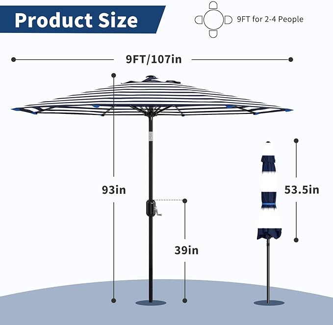 9Ft Patio Umbrella - 8 Sturdy Ribs Outdoor Table Umbrella with Crank Lift & Push Button Tilt - Market Umbrella for Pool, Deck, Yard, Garden - Light blue & White Stripe