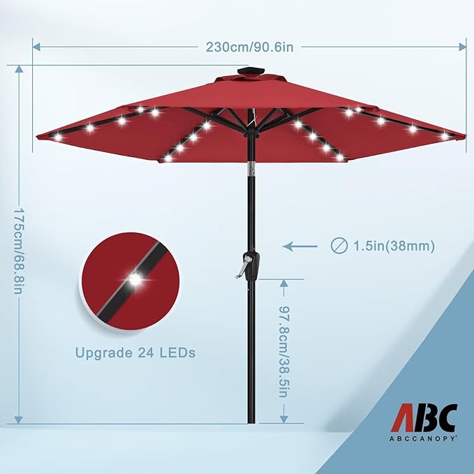 ABCCANOPY Durable Solar Led Patio Umbrellas with 24LED Lights 7.5FT with 6 Sturdy Ribs (Burgundy)