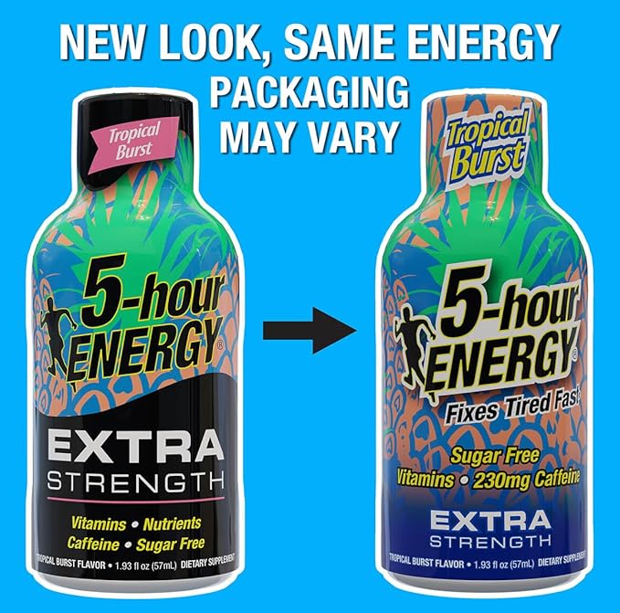 5-Hour ENERGY Shots Extra Strength | Tropical Burst Flavor | 1.93 oz. 30 Count | Sugar Free, Zero Calories | Amino Acids and Essential B Vitamins | Dietary Supplement | Feel Alert and Energized