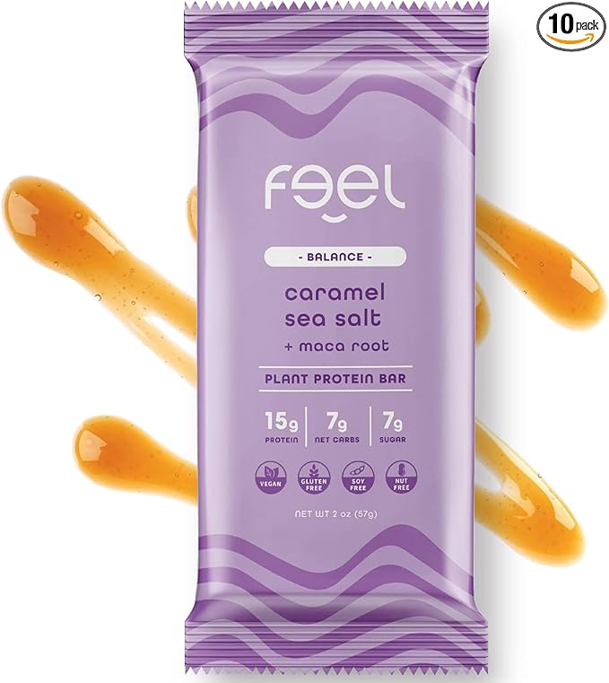 Feel Vegan Protein Bars | Caramel Sea Salt | Keto | Gluten Free | Organic | Maca | 15g Plant Protein | Low Carb | High Protein | Dairy Free | Low Sugar | Grain Free | Nut Free | Soy Free | Non GMO - (Caramel Sea Salt, 10 Pack)