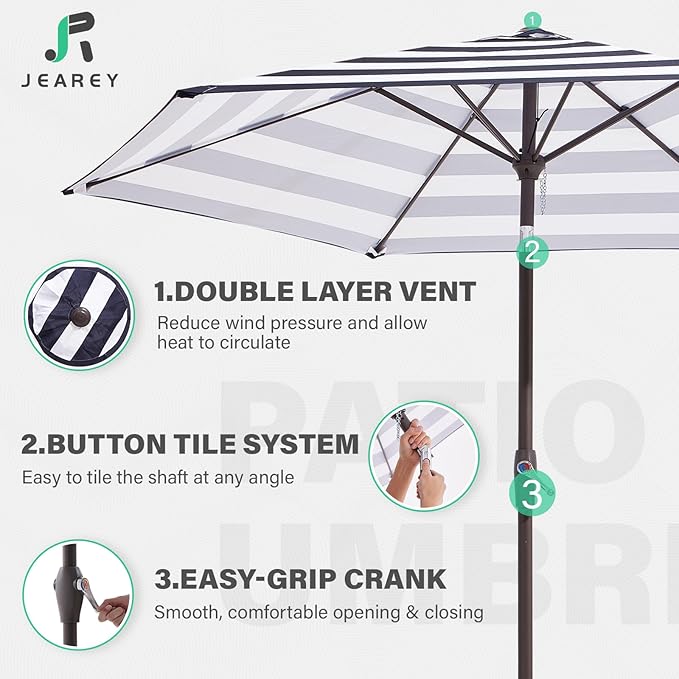 JEAREY 7.5FT Patio Umbrella Market Table Umbrella with 6 Sturdy Ribs, Push Button Tilt/Crank Outdoor Umbrella for Garden, Deck, Backyard, Pool and Beach,Black-White Stripe