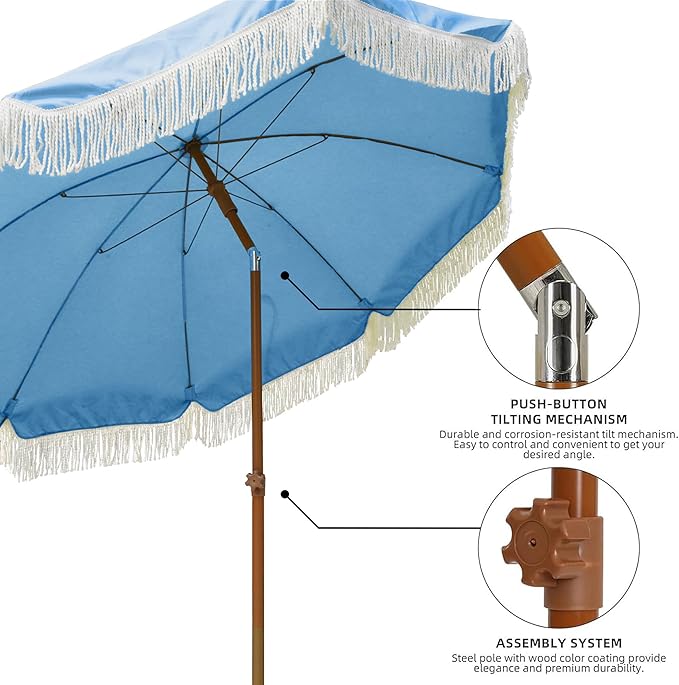 AMMSUN 7ft Patio Umbrella with Fringe Outdoor Tassel Umbrella UPF50+ Premium Steel Pole and Ribs Push Button Tilt, Sky Blue
